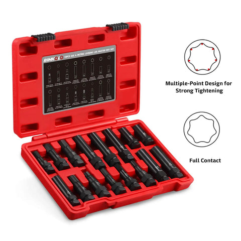 16 Piece Wheel Lock Key Set with SAE and Metric Keys in red storage case, showcasing spline, star, hex, and fluted hex bits.