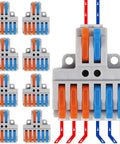 Ten Piece Heavy Duty Lever Wire Connectors Featuring Quick Grab Push In Terminal Block Design for AWG 28 to 12 cables laid out with colors.