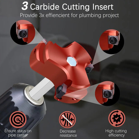 Close-up of 3 Inch PVC Pipe Reamer With Triple Blade For Faster Cutting Power Fitting Saver Socket Pro Grade Plumbing Tool.