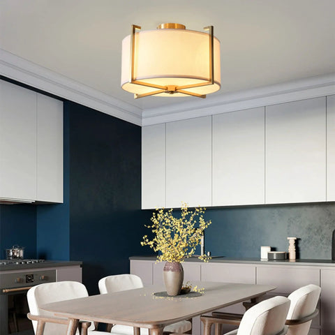 Dope Brushed Brass Four Light Flush Mount Ceiling Light With Drum Fabric Diffuser Mid Century Modern Ceiling Fixture in dining area