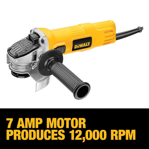 DEWALT 4-1/2-inch angle grinder with one-touch guard, yellow body and side handle — side view