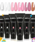 Hema-Free Poly Nail Extension Gel Kit With 6 Colors Pink Nude Clear A Cruelty-Free Vegan Friendly Builder Gel System tubes and swatches