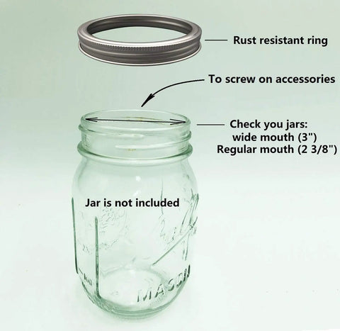 Rust Resistant Silver Aluminum Mason Jar Bands 12 Pack For Wide Mouth Jars Food Safe And BPA Free Aluminum Rings Shown on Empty Jar