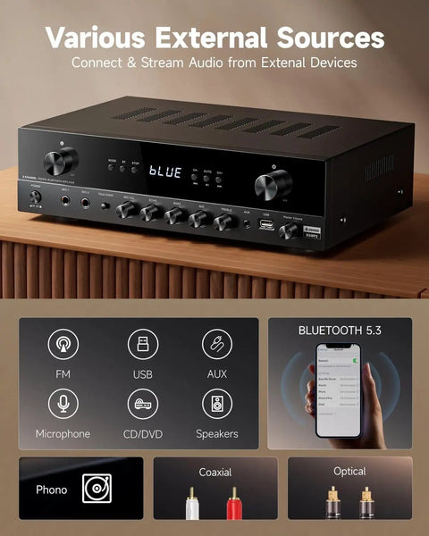600W Peak Two Channel Stereo Receiver With Bluetooth 5 3 Phono Optical Coaxial USB FM Mic In Aux RCA Input Karaoke Ready Home Theater Audio System displayed on a wooden shelf