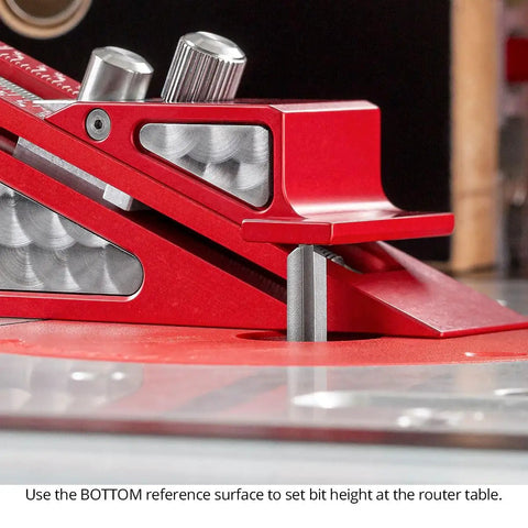 Close-up of Knockout Adjustable Setup Block For The Weekend Warrior Dial In Router Bits And Saw Blades with precise bit height setting.