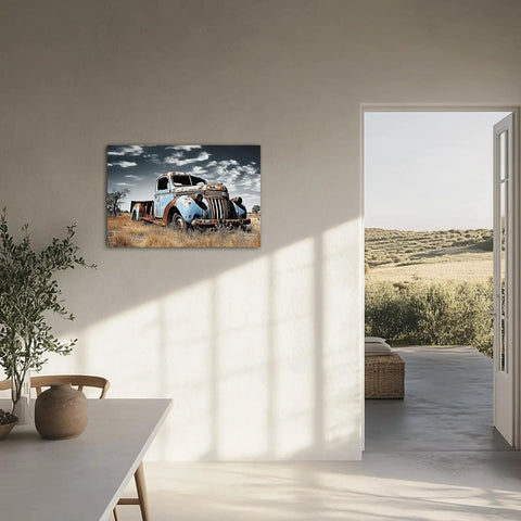 Old Blue Truck Wall Art Canvas Print Vintage Car Rustic Pickup Farmhouse Decor For Kitchen And Country Living Walls 12x18 Inch Classic Old Truck Painting For Cozy Farmhouse Charm hanging in a bright kitchen space.