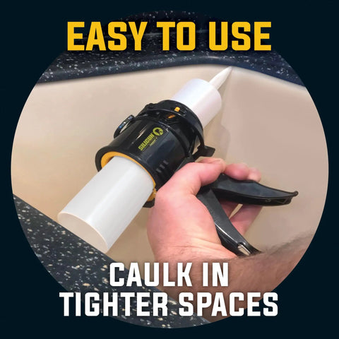 Hand using Compact Anti Drip Caulking Gun With Extreme Duty Build Lightweight ABS Frame 4 Inch Size for tight space caulking