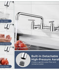FORIOUS Chrome Wall Mount Kitchen Faucet, Adjustable 8 Inch Center 2 Handle with gentle foaming water flow.