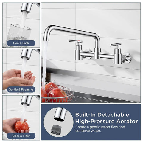 FORIOUS Chrome Wall Mount Kitchen Faucet, Adjustable 8 Inch Center 2 Handle with gentle foaming water flow.