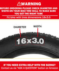 Warning sign for Two Pack 16x3.0 Inner Tubes With 90 Degree Angled Valve For 16 Inch Tires, highlighting diameter and width check.