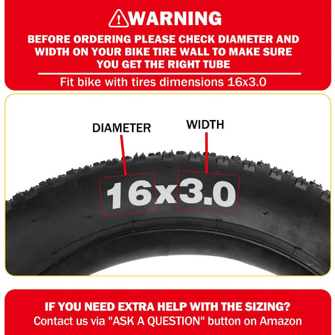 Warning sign for Two Pack 16x3.0 Inner Tubes With 90 Degree Angled Valve For 16 Inch Tires, highlighting diameter and width check.