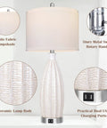 27 Inch Ceramic Table Lamp Set Of 2 With USB Port 3 Color Temperature, white rattan texture, fabric lampshade, USB ports