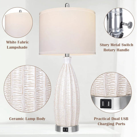27 Inch Ceramic Table Lamp Set Of 2 With USB Port 3 Color Temperature, white rattan texture, fabric lampshade, USB ports