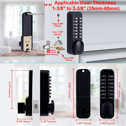 Keyless Mechanical Combination Lock With Keypad, Black Finish, suitable for door thickness 35mm-60mm, durable security door lock.