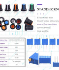 Stander knob set with 5 colored rotary knobs, specifications sheet for potentiometers, and assorted adjustment trimmers.