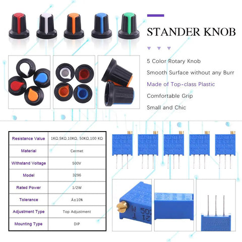 Stander knob set with 5 colored rotary knobs, specifications sheet for potentiometers, and assorted adjustment trimmers.