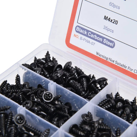 380 Pieces Self Tapping Screws Kit Black Carbon Steel Round Head Self Drilling Screws With Washers in box compartments