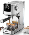 Kickin 20 Bar Espresso Maker With Rapid Cold Brew Touchscreen Panel dual milk frother, stainless steel with espresso shots.