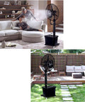 Industrial Mist Spray Fan With Adjustable Height And Three Speed Settings Knocking Out Summer Swelter For Bars And Backyards, used indoors and outdoors.
