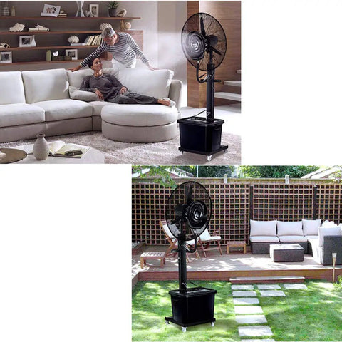 Industrial Mist Spray Fan With Adjustable Height And Three Speed Settings Knocking Out Summer Swelter For Bars And Backyards, used indoors and outdoors.