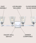 Chrome 4-Light Vanity Light Wall Sconce With Clear Seeded Glass Shades, Reversible Mount For Bathroom, Mirror, And Hallway Decor, LED Bulbs Included, 28.5 Inch Long showing clear seeded glass shades, LED bulb compatibility, and easy assembly.