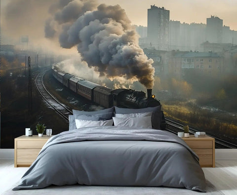 Steam Train Wall Mural With Vintage Locomotive On City Tracks 3D Look For Living Room And Bedroom Dope Large Wallpaper 250x175 Cm
