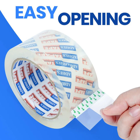 Rock Solid Heavy Duty Crystal Clear Packing Tape With Badass Industrial Adhesion For Moving Boxes Shipping Supplies And Cartons That Absolutely Will Never Tear Or Peel, easy opening design shown.
