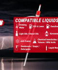 Product label showing compatible liquids for Portable Manual Fuel Drum Pump For Fifty Five Gallon Drums With Adjustable Length BPA Free Heavy Duty And Easy To Use Delivers Up To Five And A Half Gallons Per Minute Includes Flexible Forty Seven Point Two Inch Discharge Hose And Siphon Cap.