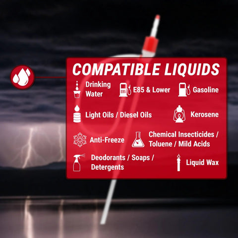 Product label showing compatible liquids for Portable Manual Fuel Drum Pump For Fifty Five Gallon Drums With Adjustable Length BPA Free Heavy Duty And Easy To Use Delivers Up To Five And A Half Gallons Per Minute Includes Flexible Forty Seven Point Two Inch Discharge Hose And Siphon Cap.
