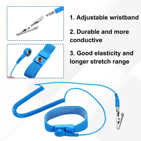10 Pack Anti Static Wrist Straps Blue 7.9 Inch Perimeter With Alligator Clip ESD Safe Wristbands Adjustable 1.8M details