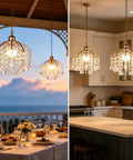 Total Game Changer Two Piece Crystal Chandelier Set Battery Powered With Zero Hassle Setup above dining table and kitchen island.