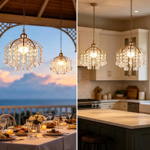 Total Game Changer Two Piece Crystal Chandelier Set Battery Powered With Zero Hassle Setup above dining table and kitchen island.