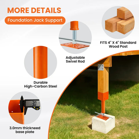 2 Pack 4X4 Adjustable Screw Jack Posts For Leveling Homes, showing durable steel, adjustable rod, and thick base plate.