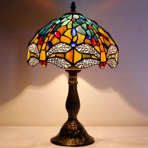 Sea Blue And Yellow Stained Glass Dragonfly Tiffany Table Lamp Dope Nautical Reading Desk Bedside Light For Bedroom Living Room And Home Office Decor 12 Inch Shade 18 Inch Tall UL Listed on antique base