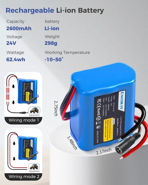 24V 2600mAh Li-Ion Rechargeable Battery With Charger, Bare Leads And Cable Connector, blue casing with wiring options