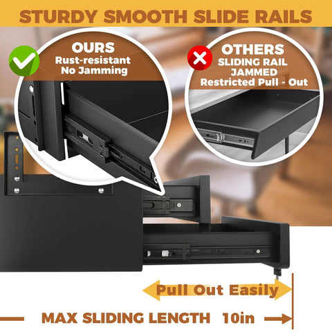 Premium Steel Double Under Desk Drawer With Slick Ball Bearing Rollers And Solid Deadbolt Lock For Zero Hassle Workspace Organization That Clamps Under Desks, showing smooth glide rails.