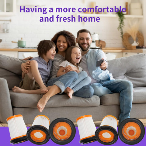 Family on sofa, 6 Pack WV201 Wandvac Filter Replacement For Your Hand Vac ION W1 S87 WV200 WV201 WV205 WV201BK WV220 WV221 UV200CCO