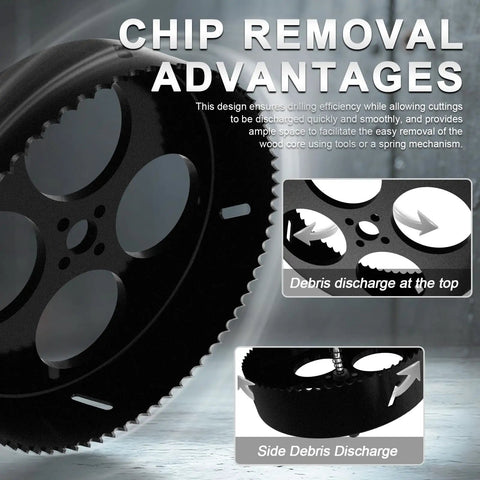 Close-up of Smooth Operator Six Inch Bi Metal Hole Saw Kit showing chip removal design for efficient wood and metal drilling.