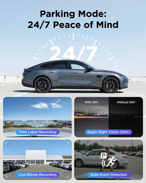 A229 Plus Dual Dash Cam Front And Rear With STARVIS 2 Sensors HDR 2 Channel 1440P Front And Rear Video 5GHz WiFi Voice Control GPS Night Vision Easy Install Top Notch Crystal Clear Day Night Footage showing car parking mode with 24/7 peace of mind features.