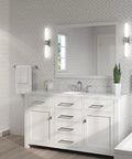 Bathroom with Weller 8 Inch Widespread Bathroom Faucet With Three Hole Setup Dual Handles Dope Chrome Finish Metal Pop Up Drain One Point Two GPM Flow Vanity LG49WR0C on white vanity.