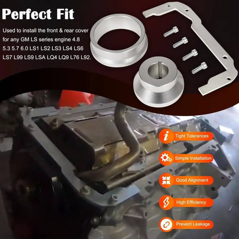 Front And Rear Cover Billet Alignment Tool And Oil Pan Alignment Tool Kit for LS Series Engines with components displayed over engine