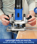 Person using Powerful 850W Plunge Router Kit for woodworking on wooden edge, with soft start, 6 speeds, edge guide visible