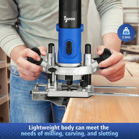 Person using Powerful 850W Plunge Router Kit for woodworking on wooden edge, with soft start, 6 speeds, edge guide visible