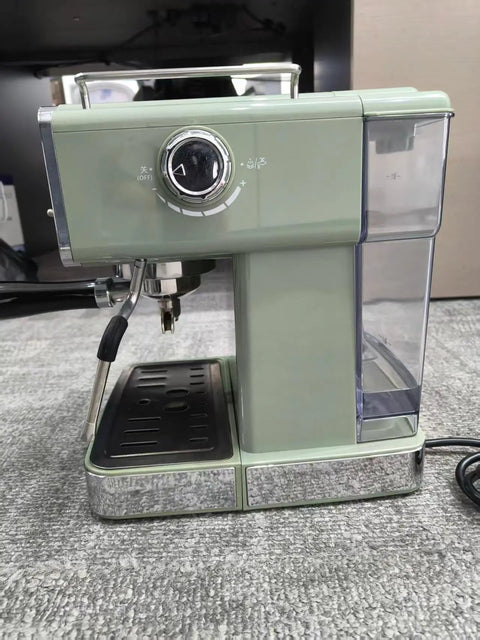 Top Shelf Green Espresso Machine With Integrated Burr Grinder And 15 Bar Pressure Pump For Bold Creamy Shots That Slam The Morning Grind Perfectly At Home, side view.