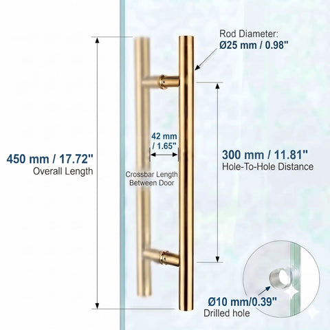 18 Inch Solid Stainless Steel Door Pull Handle Satin Gold Finish Built To Last Heavy Duty Commercial Grade 304 Stainless Barn Glass Pull Chamfered Edges For Safe Easy Opening, 450 mm tall on glass door
