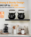Wall Floating Shelves in kitchen with kettlebells, rustic wood, 15.7in, supports 22lbs, black, set of 3