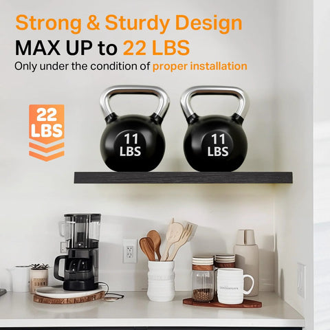 Wall Floating Shelves in kitchen with kettlebells, rustic wood, 15.7in, supports 22lbs, black, set of 3