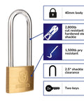 40mm Solid Brass Keyed Padlock Set, 2 Pack With 2.5 Inch Shackle Clearance, Chrome Plated Hardened Steel Shackle For Beefy Heavy Duty Security