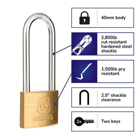 40mm Solid Brass Keyed Padlock Set, 2 Pack With 2.5 Inch Shackle Clearance, Chrome Plated Hardened Steel Shackle For Beefy Heavy Duty Security