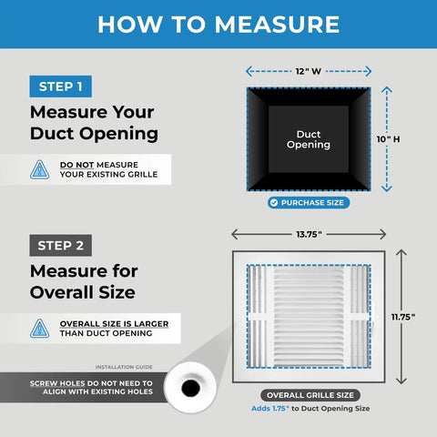 Instruction on measuring duct size with steps for installing Three Way Air Supply Grille Vent Cover Diffuser For 12x10 Duct Opening